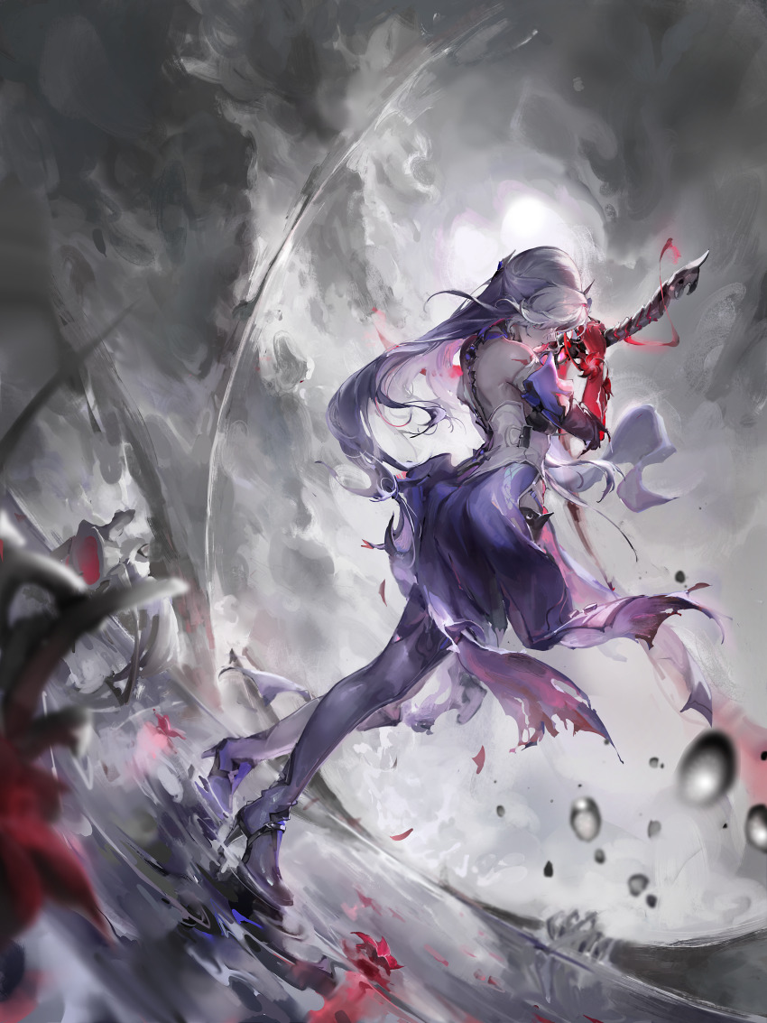 1girl, absurdres, acheron_(honkai:_star_rail), asymmetrical_footwear, bare_shoulders, boots, closed_mouth, cloud