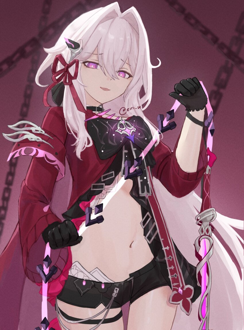 1girl, anklet, armlet, belly, black_choker, black_gloves, black_shorts, bright_pupils, chain, choker, cross, eiri_se, gloves, hair_ornament, hair_ribbon, highres, holding, holding_whip, honkai_(series), honkai_impact_3rd, jacket, jewelry, long_hair, long_sleeves, looking_at_viewer, navel, open_mouth, purple_background, purple_eyes, purple_ribbon, red_jacket, red_ribbon, ribbon, shorts, simple_background, smile, thelema_nutriscu, thelema_nutriscu_(mad_pleasure:_shadowbringer), very_long_hair, weapon, whip_sword, white_hair, white_pupils