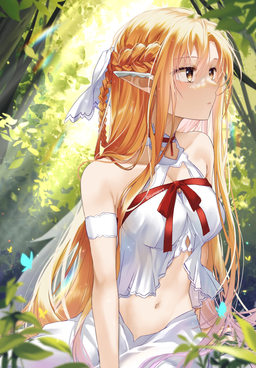 1girl, absurdres, arm_strap, asuna_(sao), bare_shoulders, blue_butterfly, blurry, blurry_foreground, braid, breasts, bug, butterfly, cleavage, cleavage_cutout, closed_mouth, clothing_cutout, commentary, crop_top, dress, expressionless, half_up_braid, highres, insect, istriri, light_rays, long_hair, looking_ahead, medium_breasts, midriff, nature, navel, neck_ribbon, orange_eyes, orange_hair, pointy_ears, red_ribbon, ribbon, shirt, skirt, solo, stomach, sword_art_online, titania_(sao), transparent_wings, upper_body, white_dress, white_shirt, white_skirt, wings