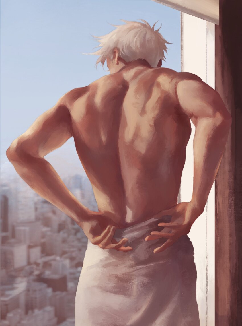 1boy, 3aem, arms_behind_back, gojo_satoru, hand_on_own_hip, highres, jujutsu_kaisen, looking_to_the_side