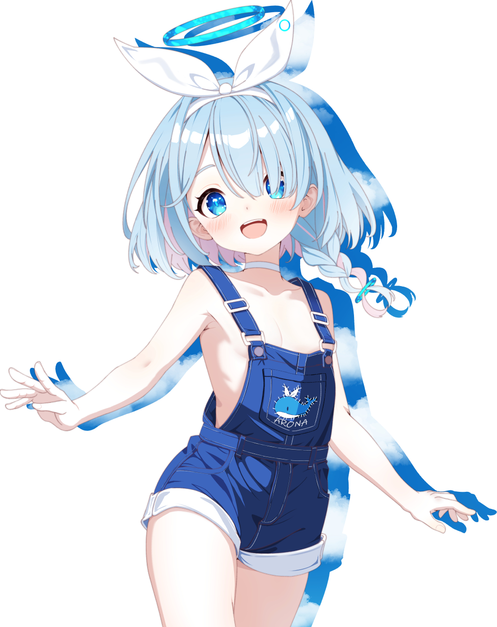 1girl, alternate_costume, animal_print, arona_(blue_archive), bare_shoulders, belt, blue_archive, blue_belt, blue_eyes, blue_hair, blue_halo, blue_jumpsuit, blue_sky, blush, bow_hairband, braid, choker, clothes_writing, cloud, cloudy_sky, collarbone, colored_inner_hair, commentary_request, fingernails, fish_print, flat_chest, hair_over_one_eye, hairband, halo, highres, jumpsuit, loli, looking_at_viewer, multicolored_hair, mutsuse, open_mouth, overalls, pink_hair, pocket, ribbon, shadow, short_hair, simple_background, single_braid, sky, smile, solo, standing, teeth, tongue, whale_print, white_background, white_choker, white_hairband, white_ribbon