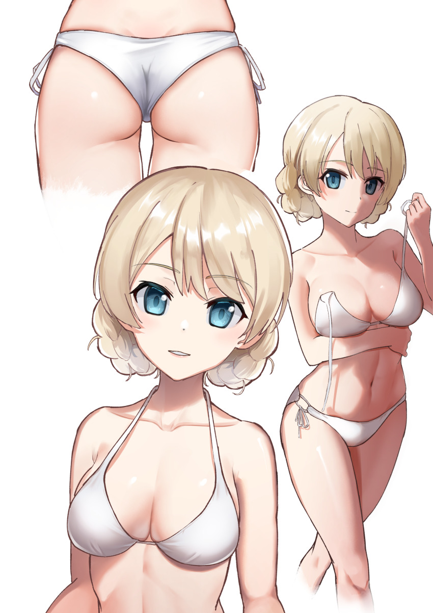 1girl, absurdres, aqua_eyes, ass, bikini, blonde_hair, braid, breasts, cleavage, closed_mouth, collarbone, darjeeling_(girls_und_panzer), french_braid, girls_und_panzer, highres, large_breasts, lazurite_(user_8870367), long_hair, multiple_views, navel, parted_lips, side-tie_bikini_bottom, simple_background, smile, strap_slip, swimsuit, teasing, teeth, toned, undressing, untied_bikini, white_background, white_bikini