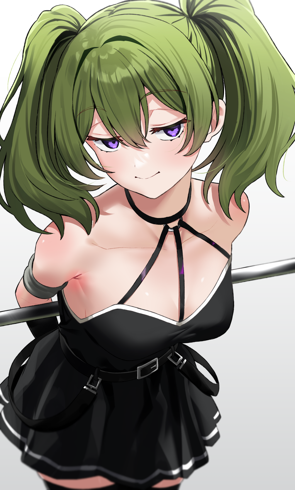 1girl, alternate_hairstyle, arm_strap, armpits, bare_shoulders, belt, black_belt, black_choker