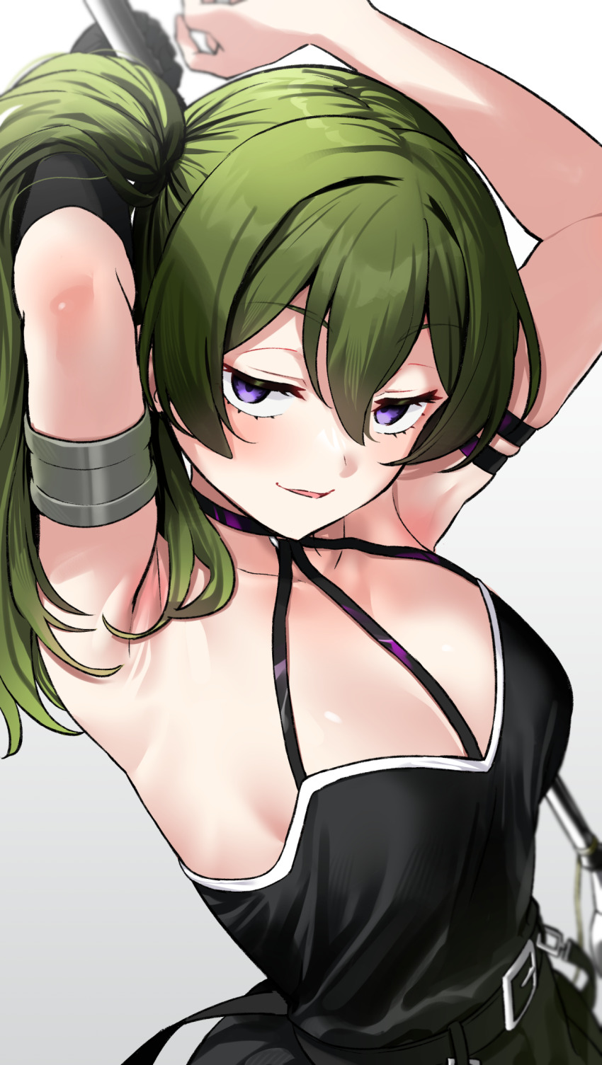 1girl, armband, armlet, armpits, arms_up, belt, black_belt, black_dress