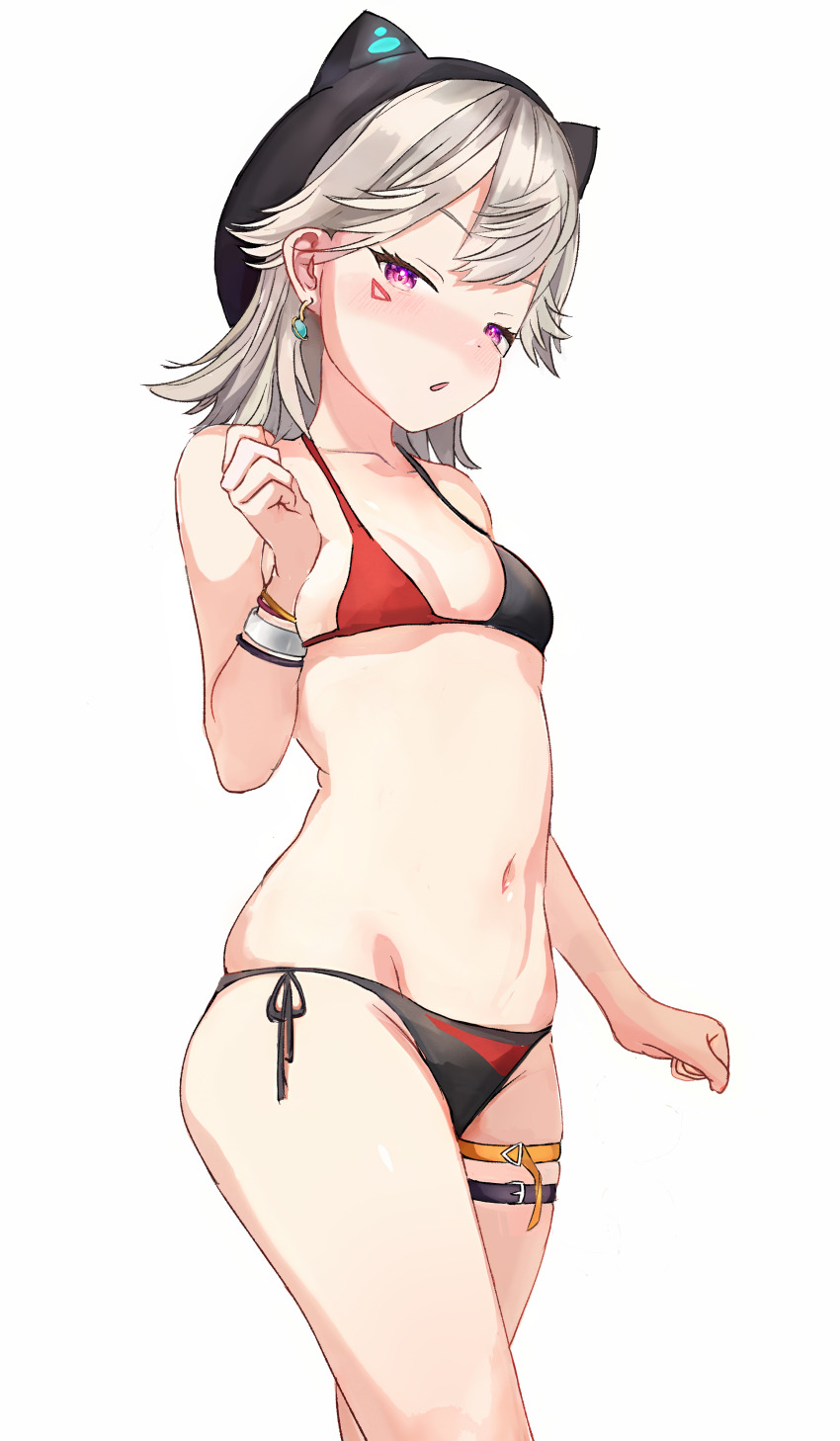 1girl, :o, absurdres, adapted_costume, animal_hat, bikini, black_bikini, black_hat, blush, bracelet, breasts, cat_hat, clenched_hand, earrings, facial_mark, grey_hair, hat, highres, jewelry, komori_met, komori_met_(summer_c102), looking_at_viewer, medium_hair, micro_bikini, multicolored_bikini, navel, nose_blush, purple_eyes, red_bikini, side-tie_bikini_bottom, simple_background, skindentation, small_breasts, solo, stomach, swimsuit, thigh_strap, triangle, triangle_facial_mark, two-tone_bikini, virtual_youtuber, vspo!, white_background, wristband, yamaoka_remu