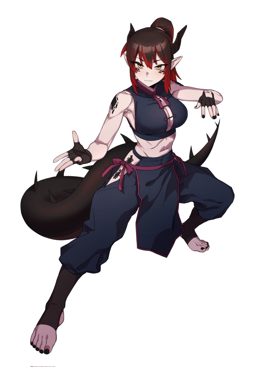 1girl, arknights, atelier951, bare_shoulders, black_hair, black_nails, black_pants, black_shirt, breasts, center_opening, chinese_clothes, cleavage, colored_tips, dragon_girl, dragon_horns, dragon_tail, feet, fighting_stance, fingerless_gloves, gloves, highres, horns, kung_fu, loincloth, long_bangs, lys_(atelier951), midriff, multicolored_hair, nail_polish, original, originium_(arknights), pale_skin, pants, pointy_ears, red_hair, shirt, skinny, stirrup_legwear, tail, tiptoes, toeless_legwear, toenail_polish, toenails, two-tone_hair, white_background, yellow_eyes