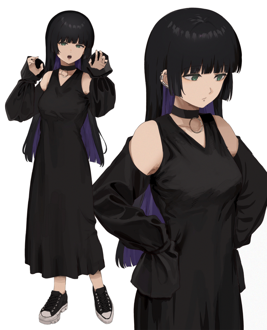 1girl, black_choker, black_dress, black_footwear, black_hair, black_jacket, bocchi_the_rock!, choker