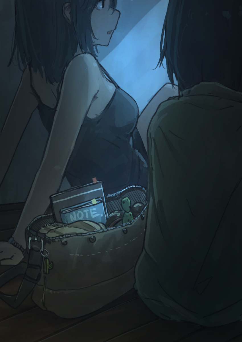 1girl, 1other, absurdres, arm_support, bag, dim_lighting, handbag, highres