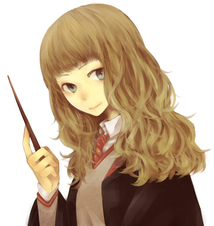 1girl, alternate_eye_color, bad_id, bad_pixiv_id, brown_hair, collared_shirt, female_focus, harry_potter_(series), hermione_granger, hogwarts_school_uniform, necktie, school_uniform, shikiji, shirt, simple_background, solo, sorakura_shikiji, striped_clothes, striped_necktie, v-neck, wand, white_background, wizarding_world