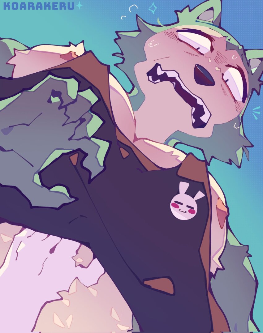 1boy, bara, beastars, black_tank_top, blush, flying_sweatdrops, foreshortening, from_below