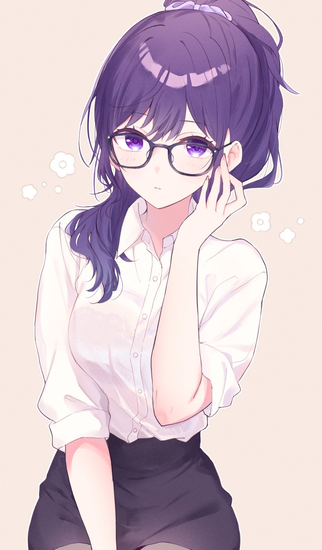 1girl, asahina_mafuyu, black-framed_eyewear, black_skirt, blush, bra, breasts, collared_shirt