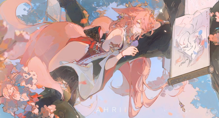1girl, absurdres, ahriii, animal_ears, artist_name, bare_shoulders, blue_sky, bracelet, branch, cherry_blossoms, closed_mouth, cropped, detached_sleeves, earrings, falling_petals, floating_earrings, floppy_ears, flower, fox, fox_ears, fox_girl, fox_tail, full_body, genshin_impact, hair_between_eyes, hakama, hakama_short_skirt, hakama_skirt, highres, japanese_clothes, jewelry, long_hair, long_sleeves, looking_at_viewer, lying, lying_on_branch, messy_hair, multiple_tails, nail_polish, non-web_source, nontraditional_miko, obiage, obijime, on_tree, petals, pink_flower, pink_hair, pink_nails, pink_tail, purple_eyes, red_hakama, red_skirt, scroll, side_slit, sidelocks, skirt, sky, smile, solo, tail, third-party_edit, very_long_hair, wide_sleeves, yae_miko