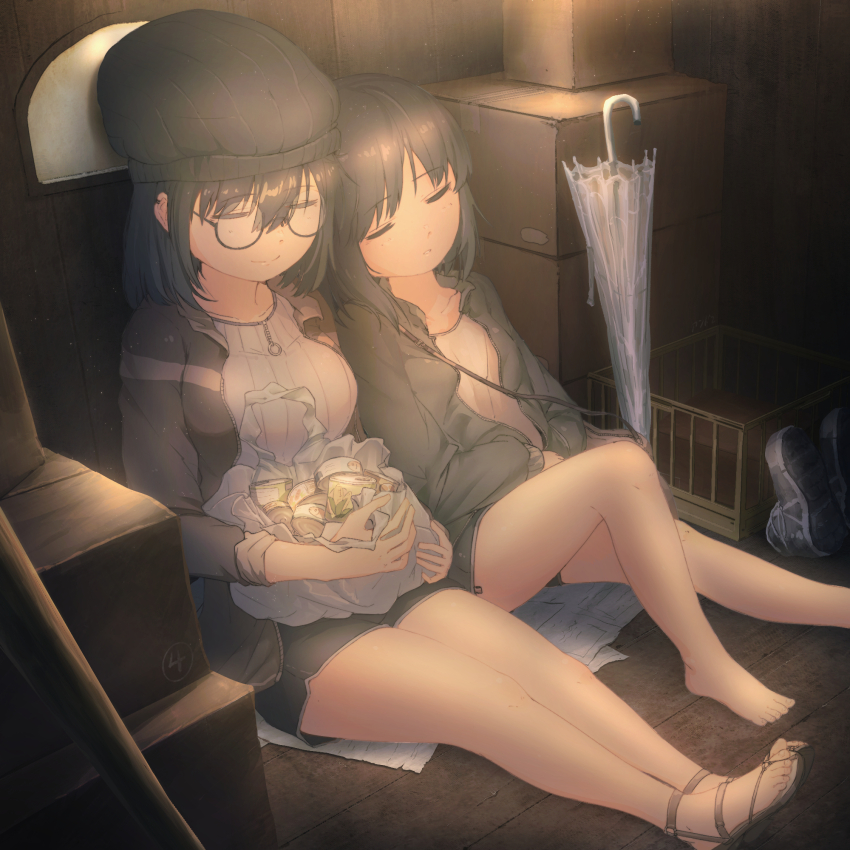 2girls, bag, barefoot, box, cage, can, cardboard_box, closed_eyes
