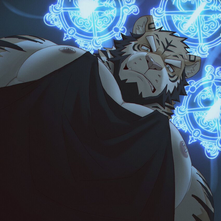 1boy, absurdres, animal_ears, bara, beard, black_tank_top, facial_hair, fang