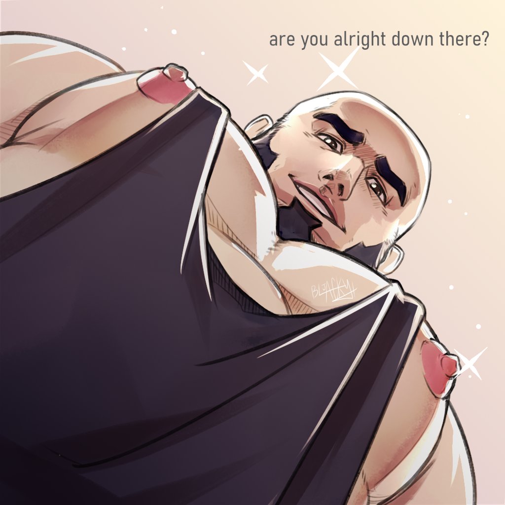 1boy, bald, bara, beard, black_hair, black_tank_top, facial_hair, foreshortening, from_below, full_beard, getonjbart, large_pectorals, looking_at_viewer, looking_down, male_focus, meme, muscular, muscular_male, nipple_slip, nipples, original, pectoral_cleavage, pectoral_focus, pectorals, photo-referenced, short_hair, sidepec, smile, solo, sparkle_background, tank_top, thick_beard, thick_eyebrows, upper_body, pec_pov_(meme)