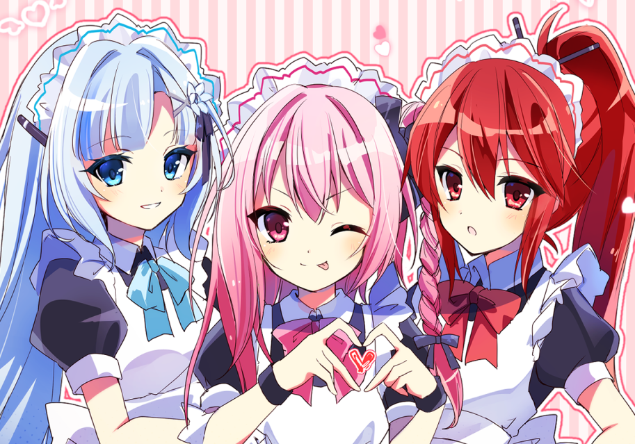 3girls, :o, :p, alternate_costume, apron, black_dress, black_ribbon, blue_eyes