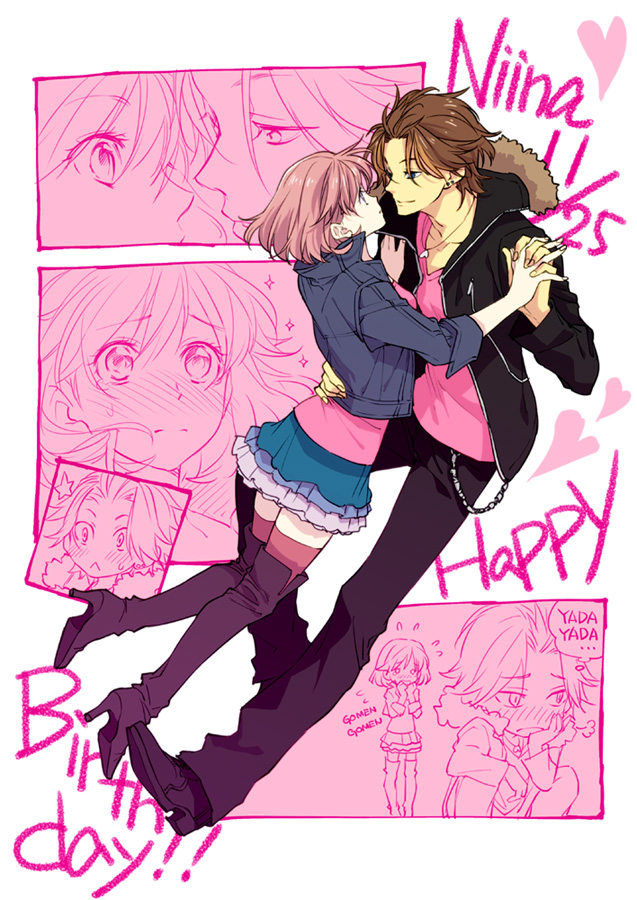 1boy, 1girl, bad_id, bad_pixiv_id, blue_eyes, blue_skirt, blush, boots, brown_hair, chain, character_name, comic, couple, embarrassed, frills, gathers, happy_birthday, hetero, imminent_kiss, jacket, jewelry, necklace, niina_junpei, pan_chira, protagonist_(tokimemo_gs3), romaji_text, short_hair, silent_comic, skirt, sparkle, tears, thighhighs, tokimeki_memorial, tokimeki_memorial_girl's_side, tokimeki_memorial_girl's_side_1st_love, tokimeki_memorial_girl's_side_3rd_story