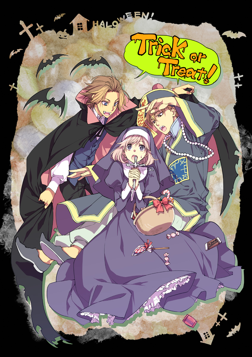 1girl, 2boys, bad_id, bad_pixiv_id, basket, bat_(animal), blue_eyes, brown_eyes