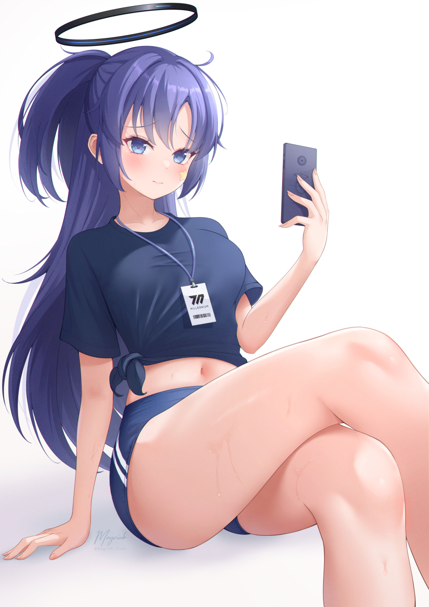 1girl, 3:, absurdres, arm_at_side, between_legs, blue_archive, blue_buruma, blue_eyes
