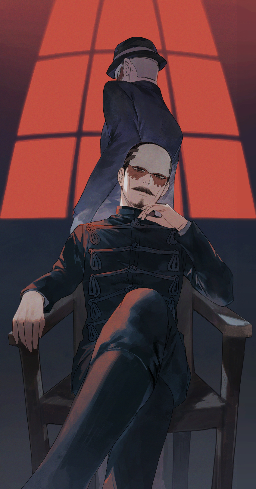 1boy, absurdres, black_eyes, black_footwear, black_hair, black_shirt, buzz_cut, chair, facial_hair, forehead_protector, golden_kamuy, hand_up, hat, highres, indoors, long_sleeves, male_focus, multiple_views, mustache, ozi_cirwar, shirt, short_hair, sitting, tsurumi_tokushirou, very_short_hair, window