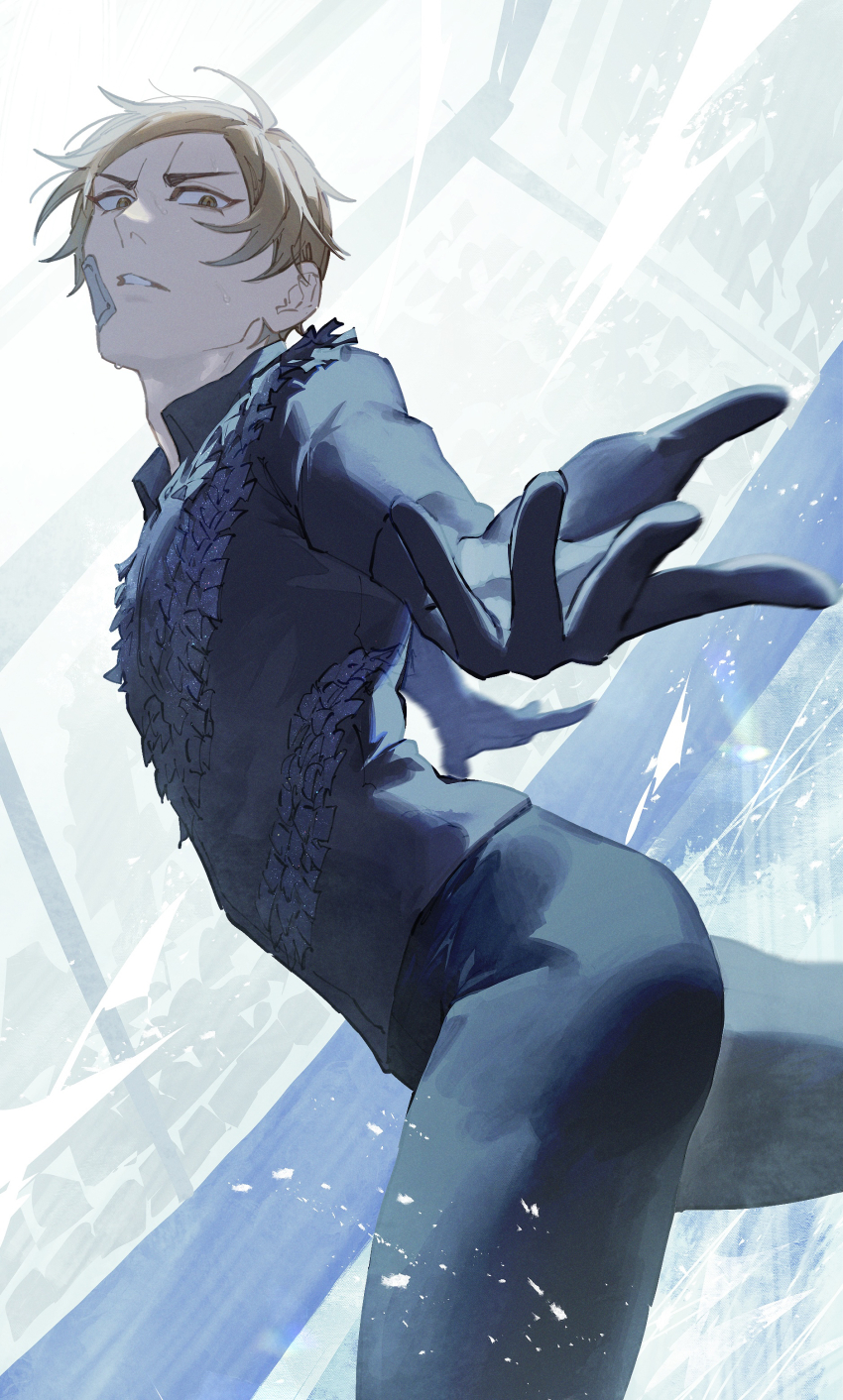 1boy, absurdres, artist_request, bandage_on_face, bandages, black_gloves, black_leotard, brown_eyes