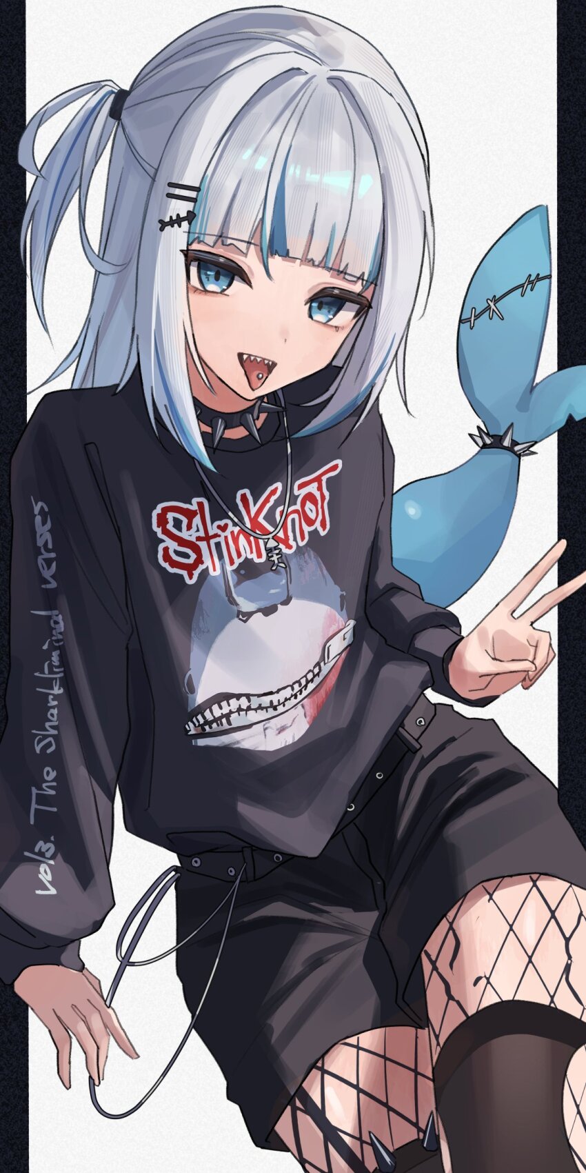 1girl, 3xens, alternate_costume, black_choker, black_shirt, black_shorts, black_thighhighs, blue_eyes