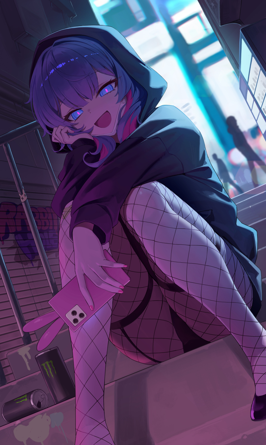 1girl, absurdres, arm_on_knee, black_hoodie, black_panties, blonde_hair, blue_eyes, blurry