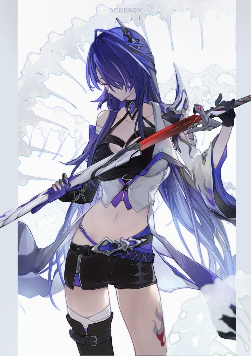 1girl, absurdres, acheron_(honkai:_star_rail), asymmetrical_footwear, black_choker, black_gloves, black_shorts, boots