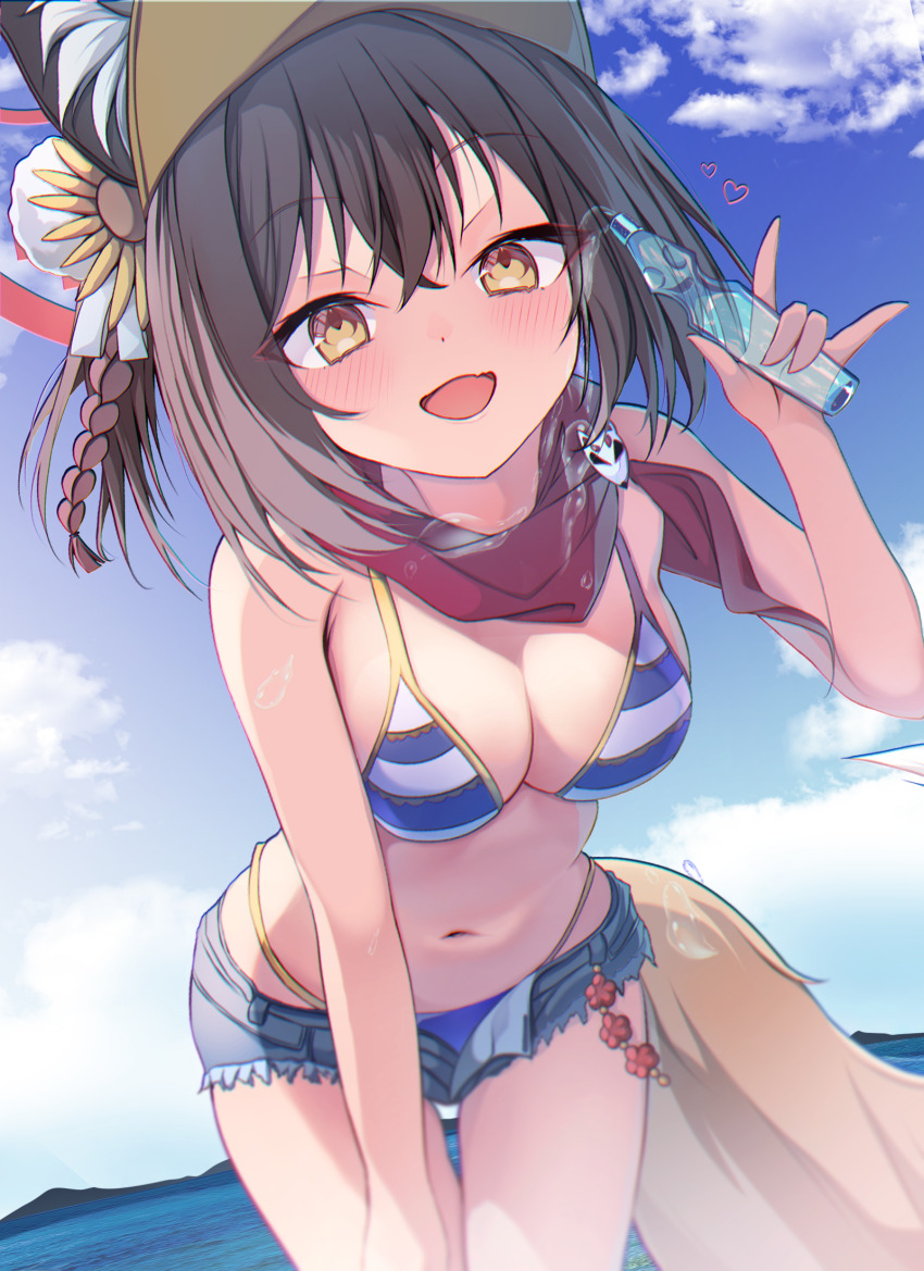 1girl, :d, animal_ears, bent_over, bikini, bikini_bottom_under_shorts, bikini_under_clothes, blue_archive