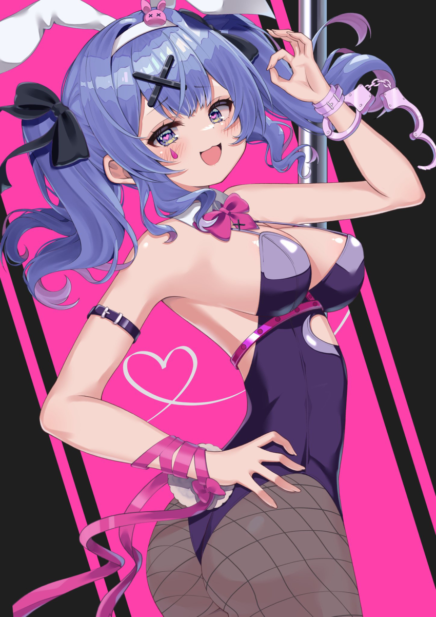 :3, :d, animal_ears, arm_ribbon, ass, black_background, black_bow, black_leotard