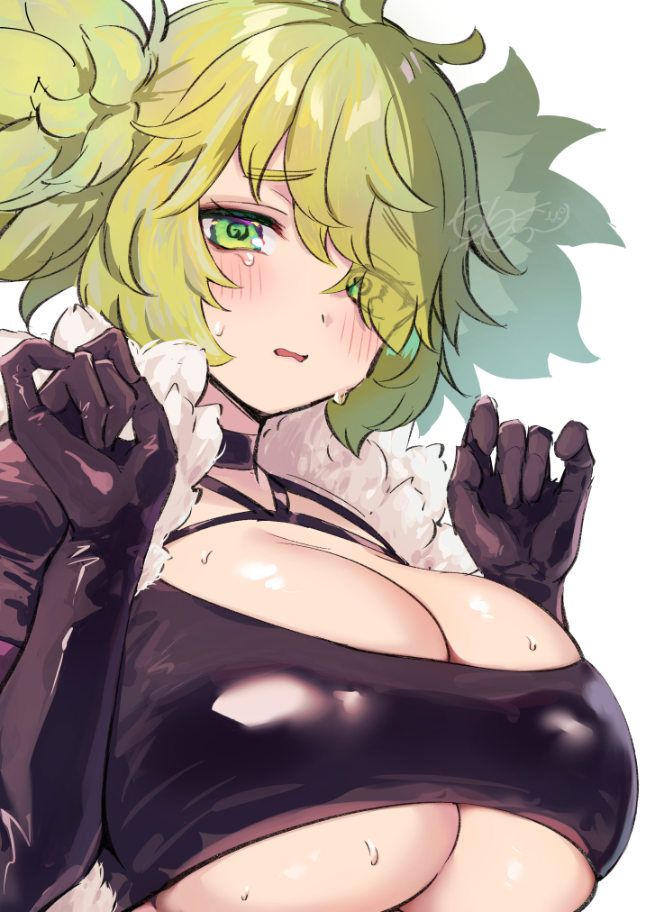 1girl, black_choker, black_gloves, blush, breasts, calm_mashiro, choker, cleavage, dark_hunter, dark_hunter_(sekaiju), dark_hunter_5, etrian_odyssey, eyes_visible_through_hair, gloves, green_hair, hair_over_one_eye, huge_breasts, messy_hair, midori_dakuko, sekaiju_no_meikyuu, sekaiju_no_meikyuu_1, sekaiju_no_meikyuu_hd, simple_background, solo, underboob, upper_body, white_background