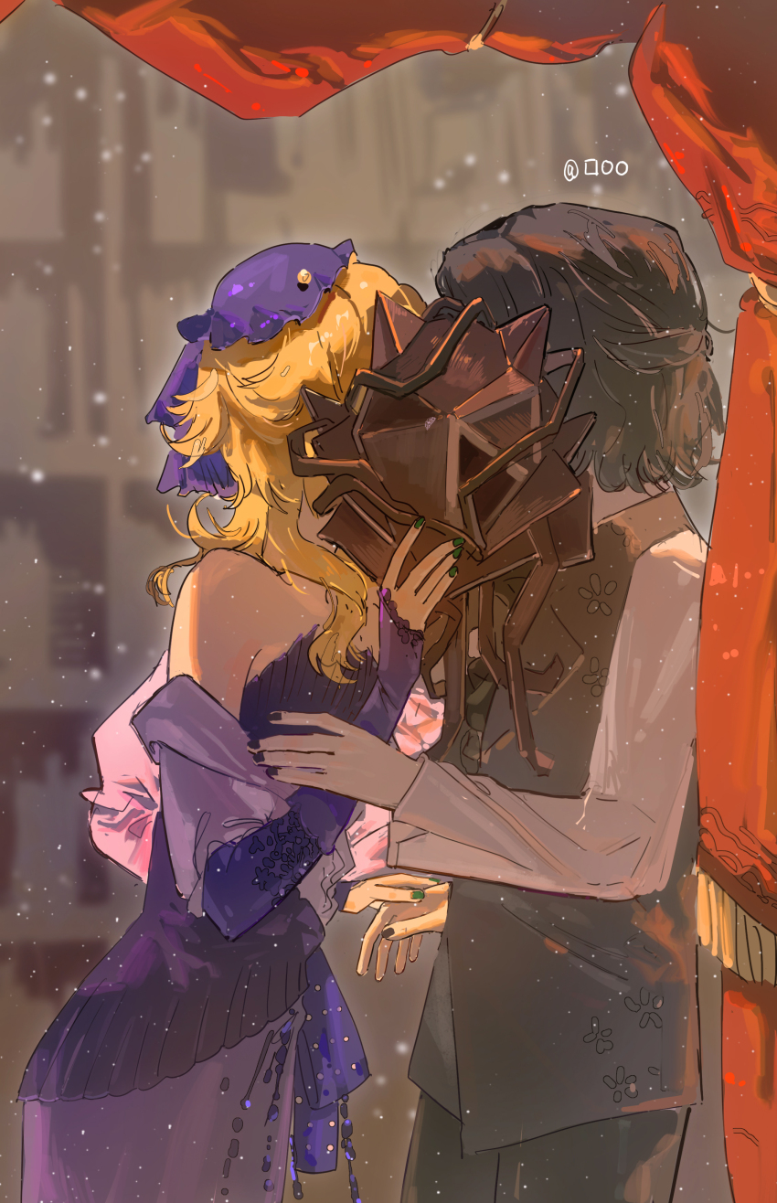 1boy, 1girl, absurdres, black_hair, blonde_hair, blue_dress, dress, druvis_iii