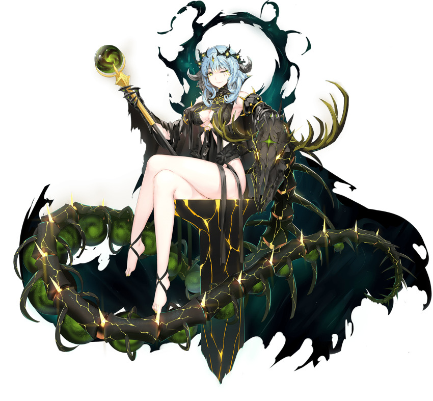1girl, animal_skull, ankle_ribbon, antlers, ark_order, balor_(ark_order), bare_legs, bare_shoulders, barefoot, black_dress, black_gloves, black_ribbon, blue_hair, bone, breasts, closed_mouth, clothing_cutout, crown, darkness, deer_skull, detached_sleeves, dress, feet, floating, floating_object, full_body, gauntlets, glint, gloves, highres, holding, holding_staff, horns, hourai_no_hangentsuki, leg_ribbon, long_sleeves, medium_breasts, medium_hair, monster, no_panties, o-ring, official_art, on_throne, one_eye_closed, pale_skin, plantar_flexion, ribbon, sidelocks, sitting, skeleton, smile, solo, staff, tachi-e, throne, transparent_background, underboob_cutout, wide_sleeves, yellow_eyes