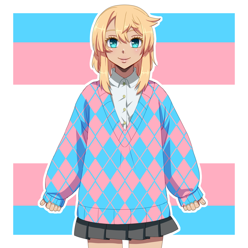 1boy, alternate_costume, blonde_hair, blue_sweater, bridget_(guilty_gear), crossdressing, crossdressing_(mtf), green_eyes