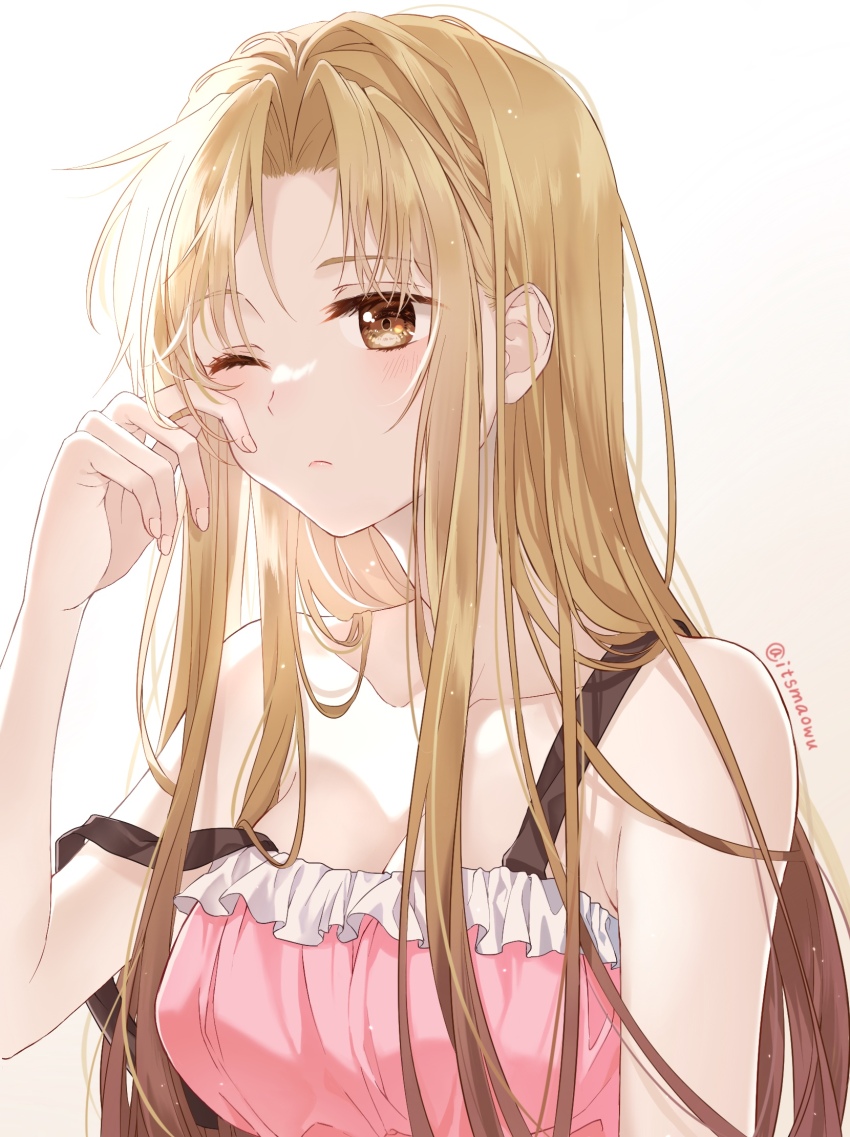 1girl, artist_name, asuna_(sao), bare_shoulders, breasts, brown_eyes, check_clothing, cleavage