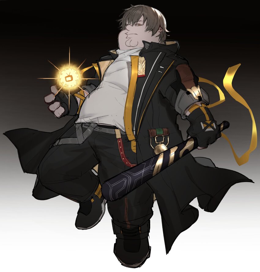 1boy, absurdres, black_coat, black_footwear, black_gloves, black_pants, brown_hair, caelus_(honkai:_star_rail)