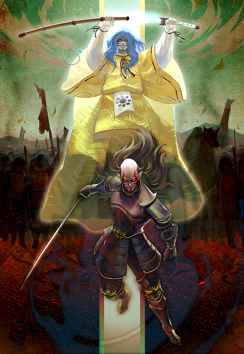 armor, armored_boots, armored_gloves, army, balding, banner, battlefield, blue_hair