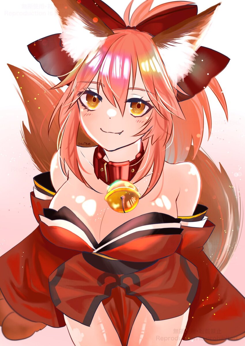 1girl, animal_ear_fluff, animal_ears, animal_hands, bell, blush, breasts, cleavage, collar, fate/grand_order, fate_(series), fox_ears, fox_girl, fox_tail, gloves, highres, jingle_bell, large_breasts, long_hair, looking_at_viewer, neck_bell, paw_gloves, pink_hair, ponytail, ringo2156, solo, tail, tamamo_cat_(fate), tamamo_cat_(first_ascension)_(fate), yellow_eyes