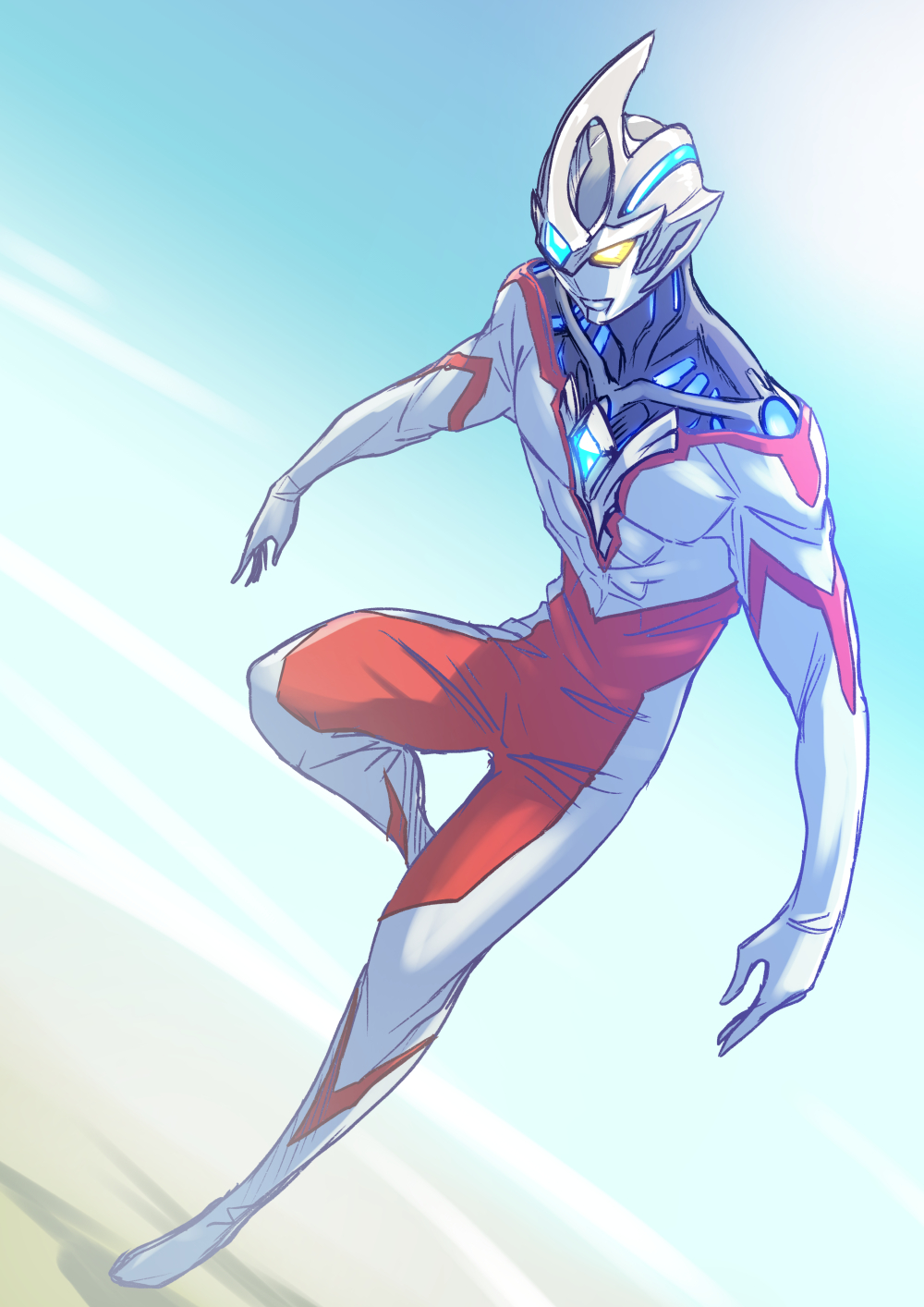 1boy, alien, blue_sky, bodysuit, character_request, color_timer, dorsal_fin, flying, full_body, glowing, glowing_eyes, highres, kuroda_asaki, open_hands, sky, solo, tokusatsu, ultra_series, ultraman_arc_(character), ultraman_arc_(series), yellow_eyes