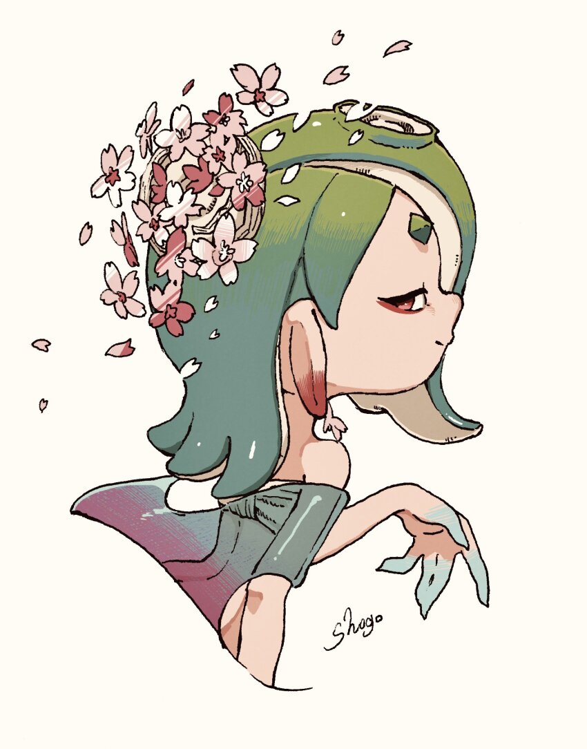 1girl, aqua_hair, arm_at_side, artist_name, bare_shoulders, bird_nest, chest_sarashi, closed_mouth, commentary_request, cropped_torso, earrings, flower, flower_earrings, from_behind, green_hair, green_shawl, hair_flower, hair_ornament, hair_over_one_eye, hand_up, highres, jewelry, long_hair, multicolored_hair, nest, nest_on_head, nintendo, octoling, official_alternate_costume, official_alternate_hair_color, pink_flower, red_eyes, sarashi, see-through_clothes, see-through_shawl, shawl, shiver_(splatoon), shiver_(springfest)_(splatoon), shogo_(shogo70449442), short_eyebrows, sideways_glance, simple_background, solo, splatoon_(series), splatoon_3, suction_cups, tentacle_hair, two-tone_hair, white_background