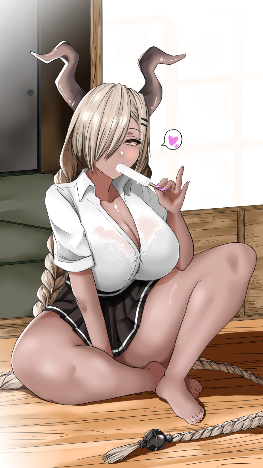 1girl, absurdly_long_hair, absurdres, alternate_costume, azur_lane, black_bra, black_skirt, bra, bra_visible_through_clothes, braid, breasts, brown_horns, cleavage, collared_shirt, commentary_request, dark-skinned_female, dark_skin, food, full_body, gyaru, hair_ornament, hair_over_one_eye, hairclip, heart, highres, holding, holding_food, holding_popsicle, horns, huge_breasts, indoors, kogal, long_hair, looking_at_viewer, low_twin_braids, miniskirt, nail_polish, owari_(azur_lane), partially_unbuttoned, pink_nails, pleated_skirt, popsicle, school_uniform, see-through_clothes, sexually_suggestive, shirt, short_sleeves, sitting, skirt, solo, spoken_heart, takeshiki_no_hirata, twin_braids, underwear, very_long_hair, white_shirt, wooden_floor, yellow_eyes