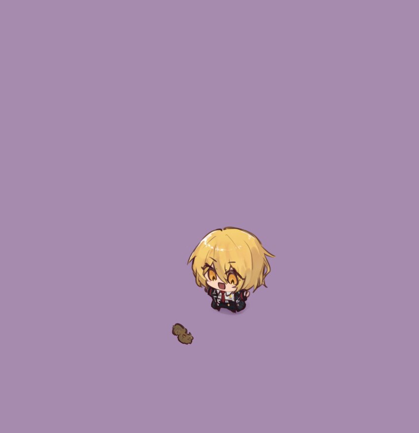 1girl, absurdres, black_coat, black_pants, blonde_hair, chibi, coat, collared_shirt