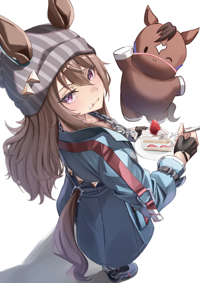 1girl, absurdres, animal_ears, beanie, birthday, black_gloves, blue_jacket, bridle, brown_hair, cake, cake_slice, cream, creature_and_personification, dice, dice_necklace, ears_through_headwear, fingerless_gloves, food, fork, fruit, gloves, hair_between_eyes, hakekeke2525, hat, highres, holding, holding_cake, holding_food, holding_fork, holding_plate, horse, horse_ears, horse_girl, horse_tail, jacket, long_hair, long_sleeves, looking_at_viewer, nakayama_festa_(racehorse), nakayama_festa_(umamusume), necklace, one_eye_closed, personification, plate, purple_eyes, real_life, shirt, simple_background, solo, strawberry, strawberry_cake, strawberry_shortcake, tail, umamusume, white_background
