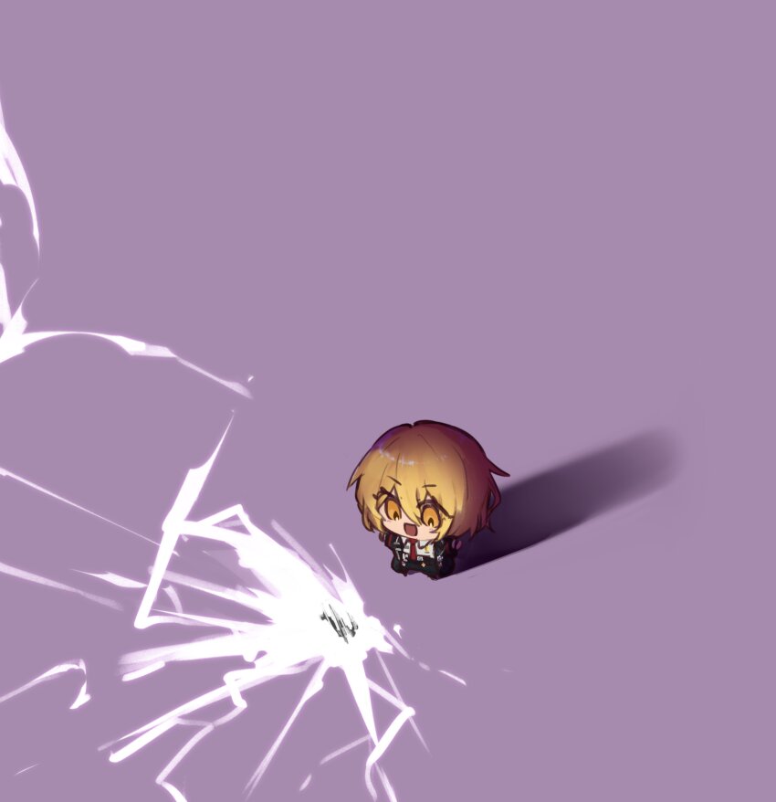 1girl, absurdres, black_coat, black_pants, blonde_hair, chibi, coat, collared_shirt, don_quixote_(project_moon), hair_between_eyes, highres, lightning, limbus_company, necktie, niioys, pants, project_moon, purple_background, red_necktie, shadow, shirt, short_hair, simple_background, solo, white_shirt, yellow_eyes