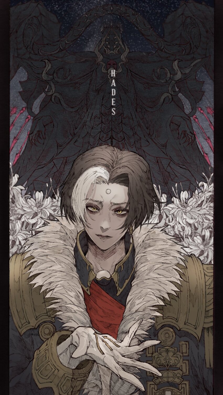 1boy, brown_hair, cloak, closed_mouth, dual_persona, earrings, emet-selch, final_fantasy, final_fantasy_xiv, gloves, hades_(ff14), highres, jewelry, looking_at_viewer, military_uniform, multicolored_hair, pillarboxed, streaked_hair, tladpwl03, white_gloves, white_hair, yellow_eyes