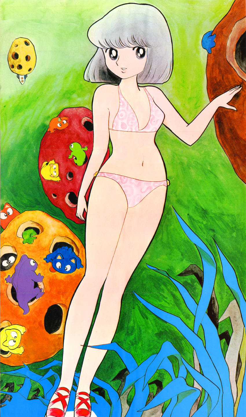 1970s_(style), abstract_background, absurdres, azuma_hideo, bikini, bob_cut, breasts, creature