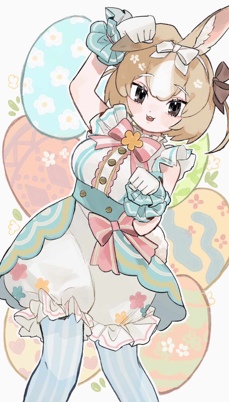 1girl, :3, animal_ears, bare_shoulders, blue_pantyhose, blue_shirt, blue_skirt, blue_wrist_cuffs