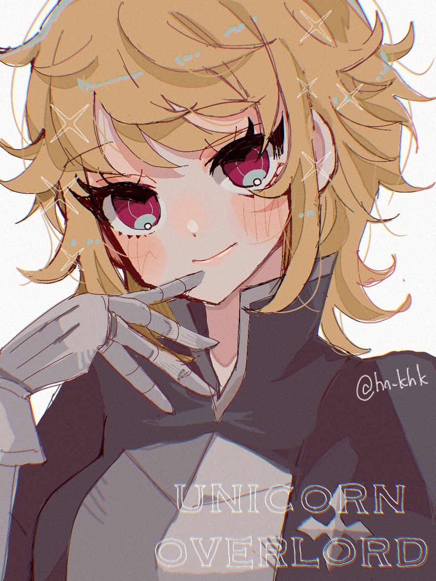 1girl, blonde_hair, chromatic_aberration, closed_mouth, copyright_name, eyelashes, film_grain, gauntlets, han_(hn-khk), hand_up, high_collar, highres, monica_(unicorn_overlord), red_eyes, short_hair, simple_background, smile, solo, twitter_username, unicorn_overlord, upper_body, white_background