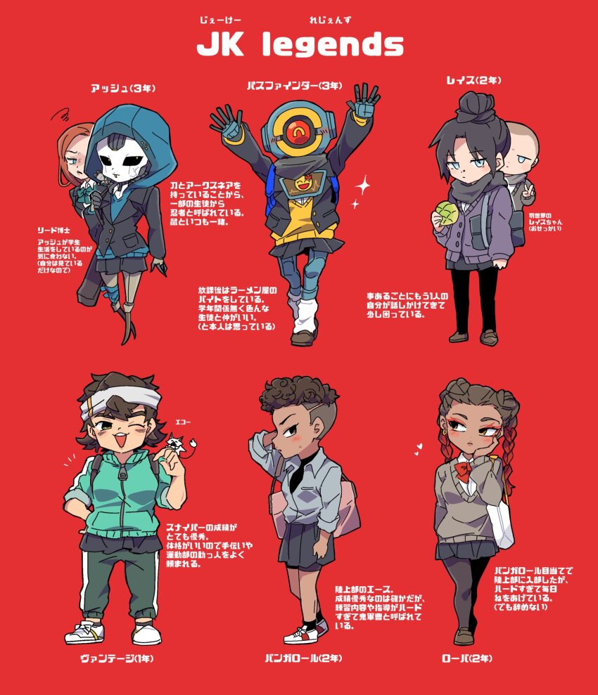 1boy, 6+girls, aged_down, alternate_costume, animification, apex_legends, aqua_jacket, ash's_rat_(apex_legends)