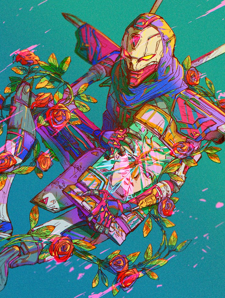 1boy, animification, apex_legends, aqua_background, black_scarf, broken_glass, expressionless, flower